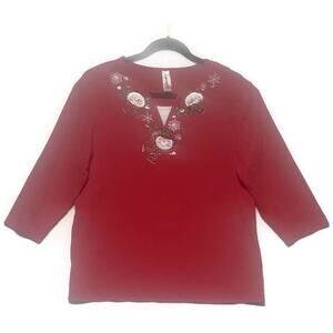 Decorated Originals Top Women's XL Red With Embroidered Snowmen 3/4 Sleeves